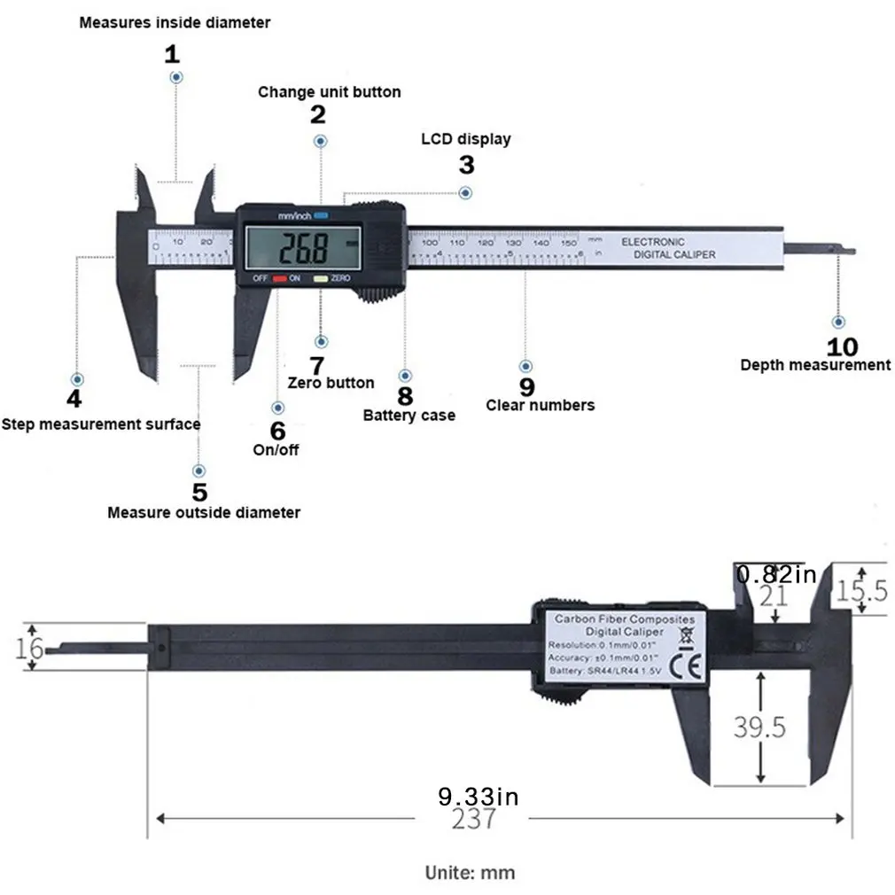 

Vernier Caliper 0-150mm Measuring Tool Plastic LCD Digital Electronic Carbon Fiber Ruler Gauge Micrometer