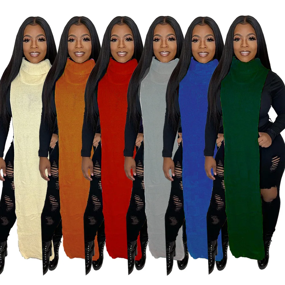 

Fashion Female Knitted Sweater Side Hollow Out Turtleneck Sleeveless Wholesale Casual Long Tops S-2XL Street Wear