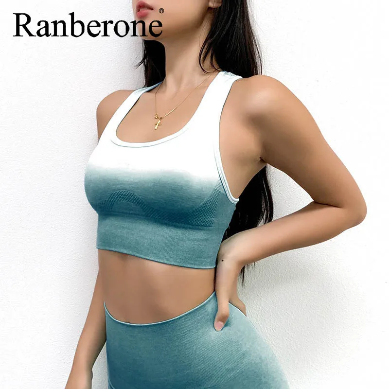 Ranberone Gradient Color fitness Trousers Women's Sports Ba Two Piece Sport Set Women High Waist Breathable Gym Clothing 2021