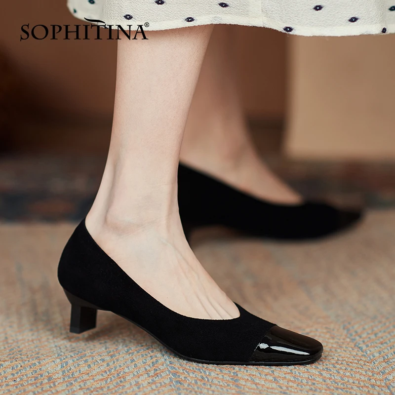 

SOPHITINA Women's Shoes Elegant Stitching Shallow Sweet Spring Autumn Lady Shoes Non-slip Square Toe Handmade Female Pumps MO936