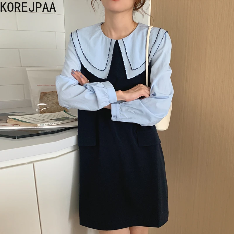 

Korejpaa Women Dress 2021 Autumn Korea Sweet Temperament Ladies Retro Double-Layer Doll Collar Stitching Fake Two-Piece Vestidos