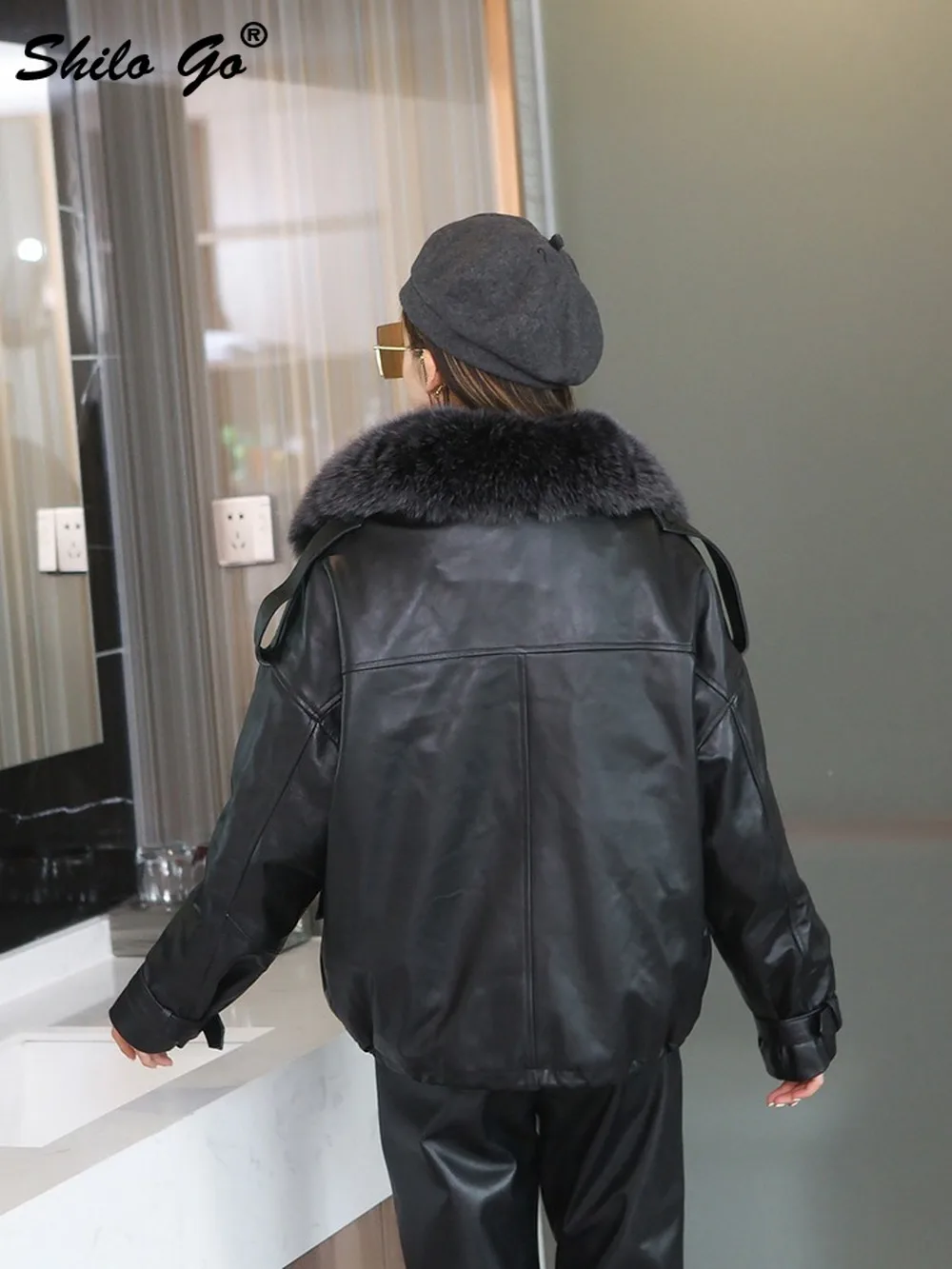 

Safari Style Real Fox Fur Collar Drop Shoulder Thermal Padded Bomber Jacket Women Winter Plus Sheepskin Genuine Leather Coat