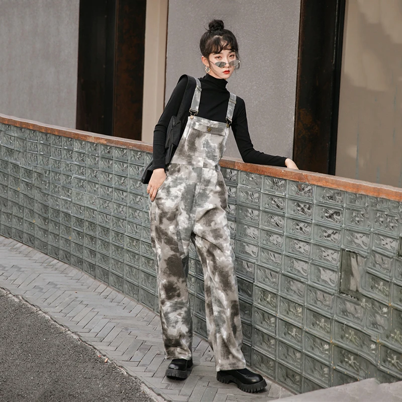 

Tie Dye Vintage Loose Fit Women Jumpsuit New High Waist Pocket Stitch Pants Fashion Tide Spring Autumn 2021 1DD0147