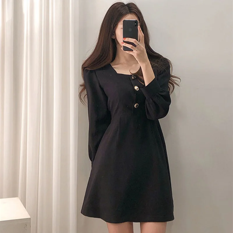 

BornSraSquare Collar Buttons Elegant Women Dress Full Sleeve Slim Waist A-line Dress Office Ladies Solid Dress Vestidos Femme