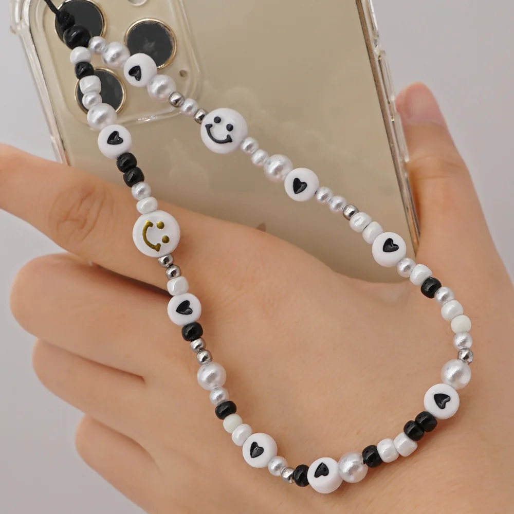 

Acrylic Letter Imitation Pearl Mobile Phone Lanyard Ethnic Black Round Beads Cell Phone Chain Accessories for Women Jewelry
