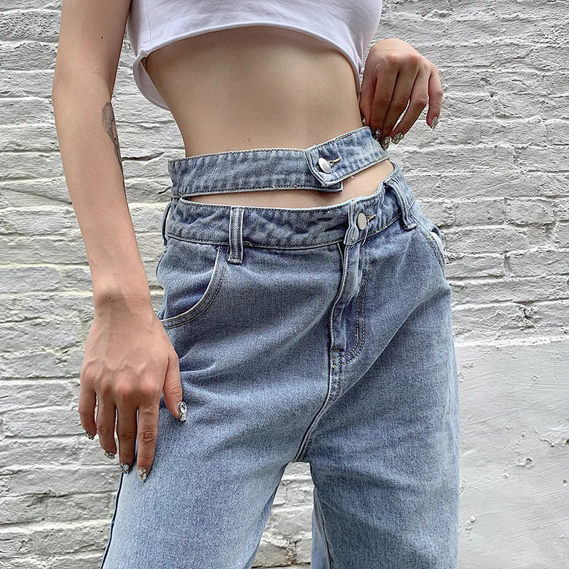 2023 Women New Sexy Hollow High Waist Jeans Casual Wide Leg Belt Loose Harajuku Straight Solid Color Long Denim Pants Streetwear
