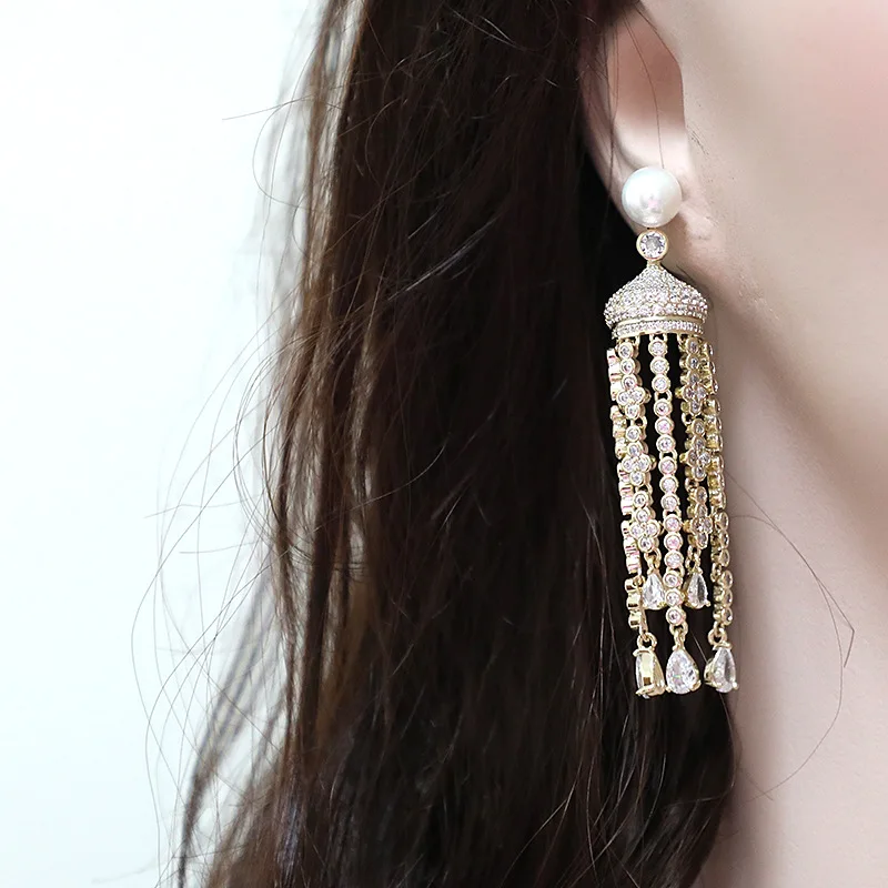

Micro-set zircon tower tassel pearl earrings 210318-16