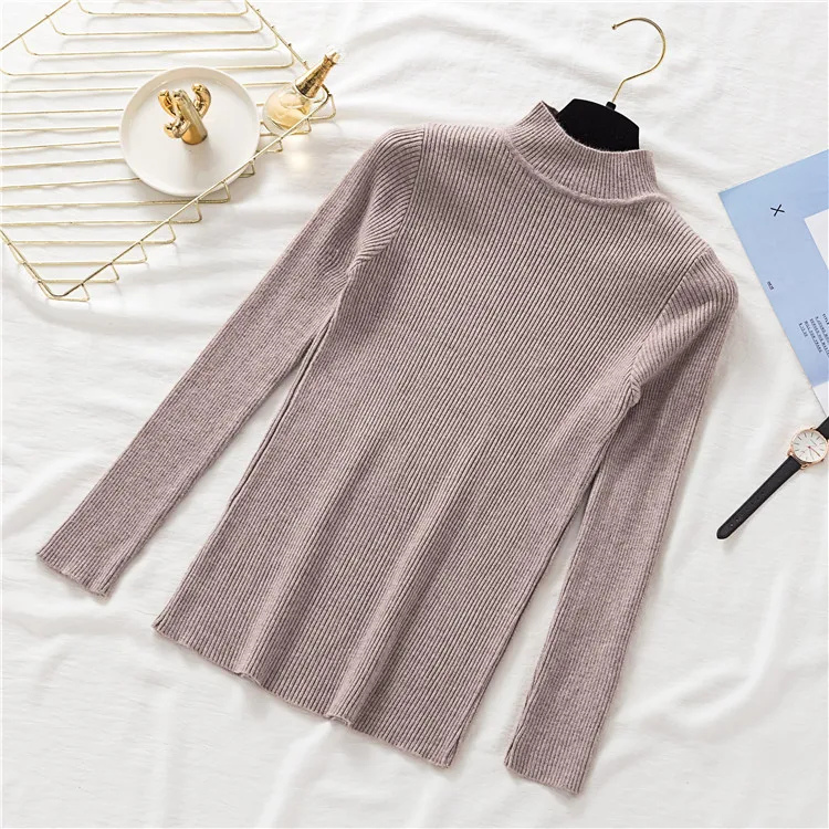 light Khaki-71 Распродажа, зимний женский свитер, высокая эластичность, однотонная водолазка с коротким воротом, свитер для женщин, облегающий Повседневный плотный вязаный пуловер - Цвет: light Khaki-71