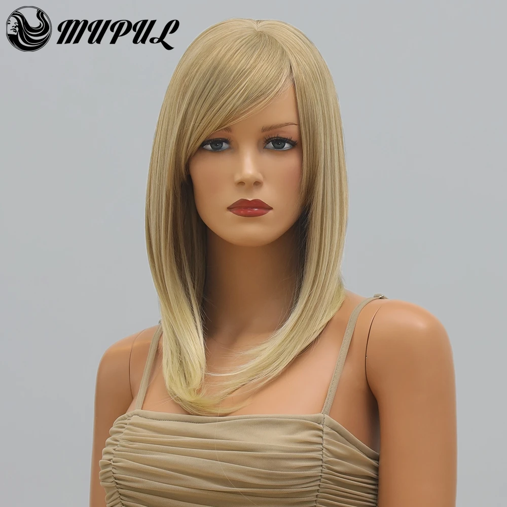 

Blonde Straight Office Lady Daily Synthetic Wig With Bangs For White Women Natural Heat Resistant Cosplay Female Hair GOLD Wigs