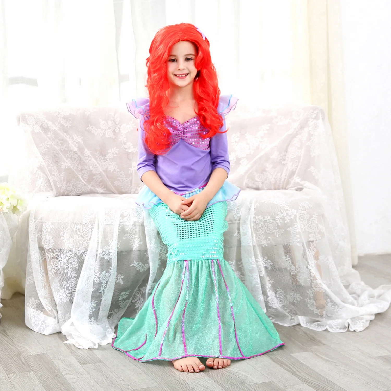 Halloween Little Mermaid Princess Arieling Cosplay Costumes for kids Baby Girl Tails Birthday Party Holiday Costume wig |