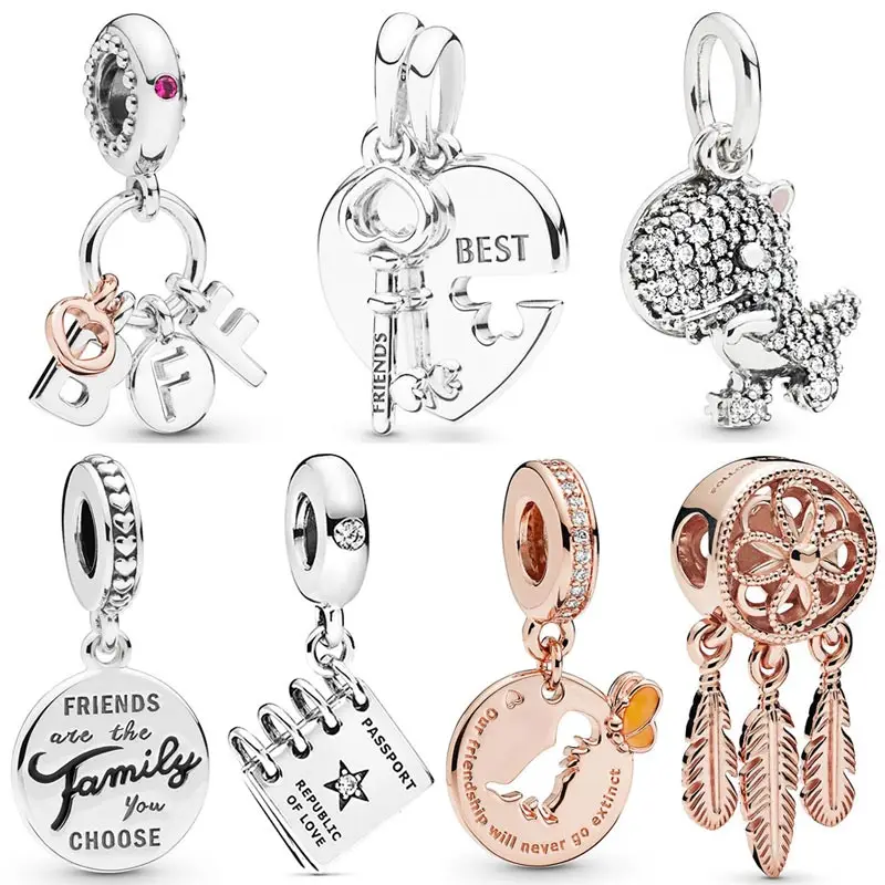 

Original Rose Bff Friend Are Family Heart & Key Dinosaur Pendant Charm Diy Jewelry Fit 925 Sterling Silver Bead Popular Bracelet