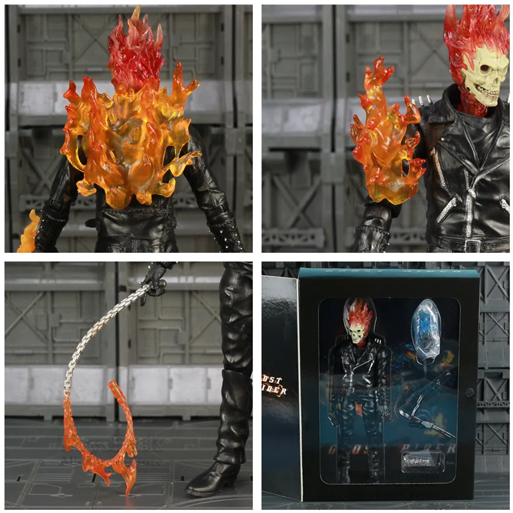 Ghost Rider 8" Action Figure Johnny Blaze Legends With Fire Whip Ball Iron Chain Jacket Blue Head Doll Toys Collectible Model images - 6