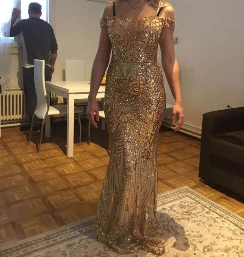 Сексуальное Платье макси с золотыми блестками вечерние платья открытыми плечами