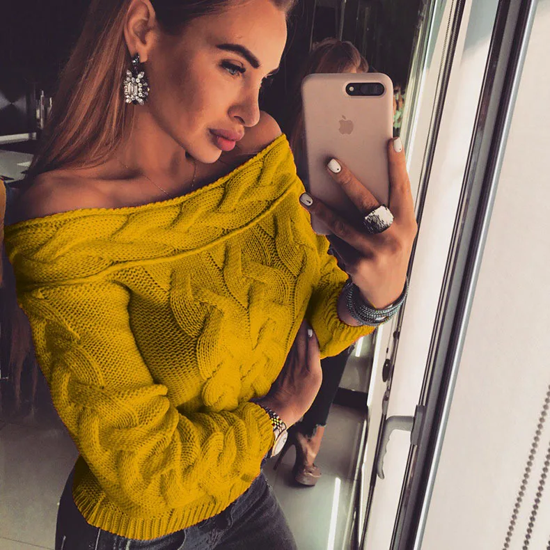 

cute solid off shoulder neckline woman sweater winter pullover long sleeve slash neck casual female sweater