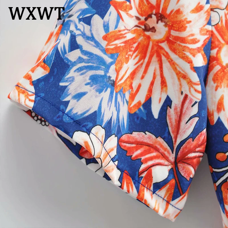 

WXWT 2021 Summer Women Bohemian Flowers Print Dress V Neck Short Sleeve Female Mini Dress z1331