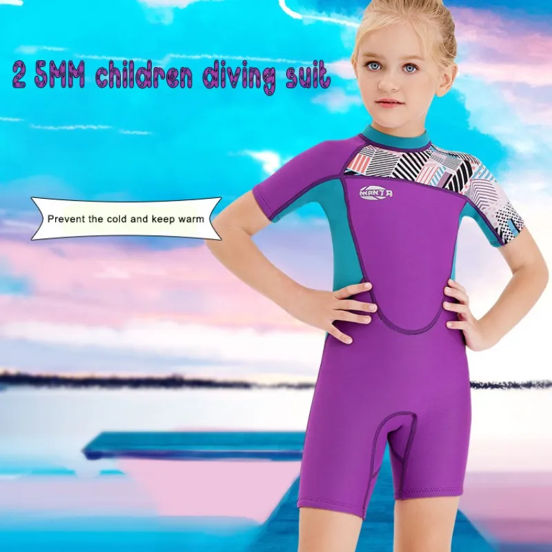 

2.5mm Children's Swimwear Short-sleeved Diving Suit Female In Large Children Student Swimming Pants Sunscreen Swimming One Piece