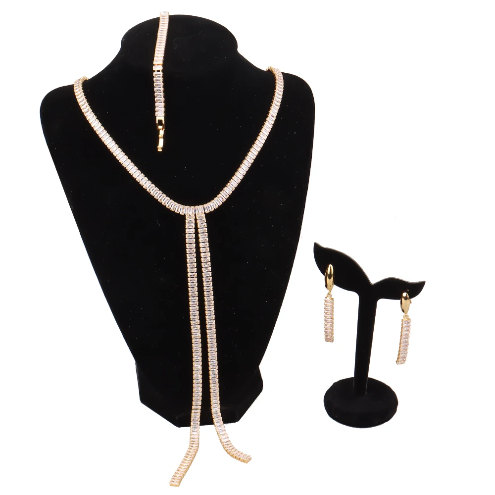 

Gold Plated Jewelry Sets For Woman White Zircon Bracelets Necklace Earrings With Stones Copper Gilded Wedding Party Jewelery