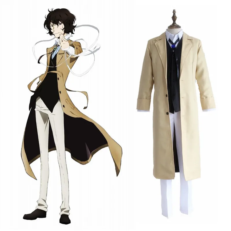 

Bungo Stray Dogs Armed Detective Agency Osamu Dazai Cosplay Trench Coat Suit Pants wig Literary Vest Halloween Carnival Costume