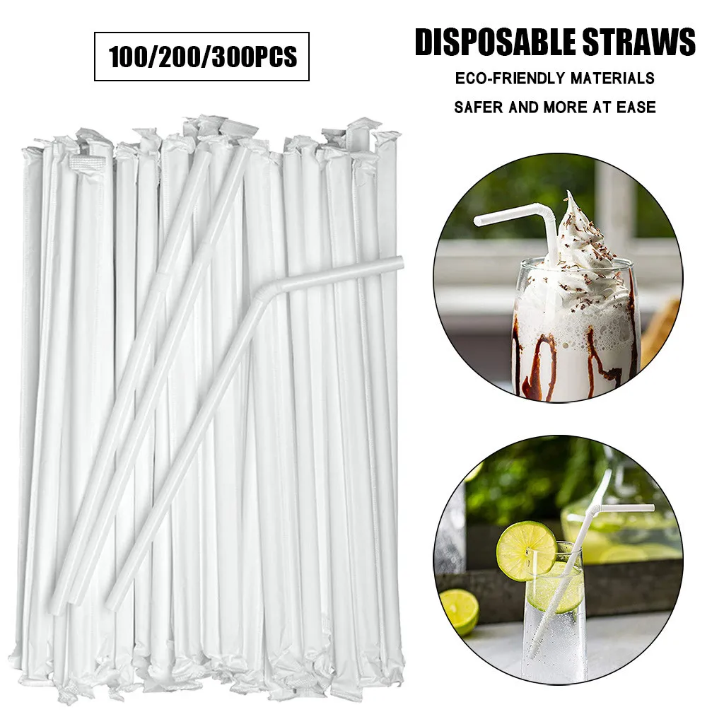

100/200/300PCS Drinking Straws White Plastic Flexible Straw Wedding Party Supplies Individually Packaged Kitchen Dining Room