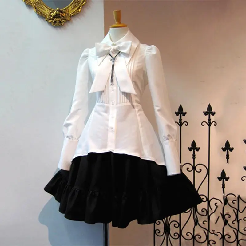 2022 Summer Elegant Party Black Gothic Women Lolita Dresses Big Size Bow Collar Pleated Lace Up Goth Vintage White Chic Jurken images - 6