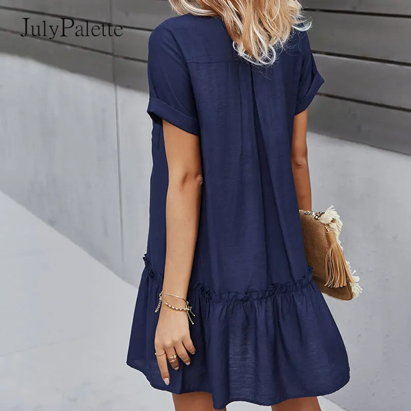 

Julypalette 2021 Summer Woman Dress Fashion V Neck Single-breasted Folds Mini Dress Sexy Short Sleeve Holiday Loose Sundress