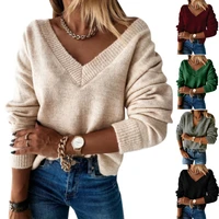 loose comfortable solid women v neck long sleeve cable knit jumper winter warmer pullover sweatshirt
