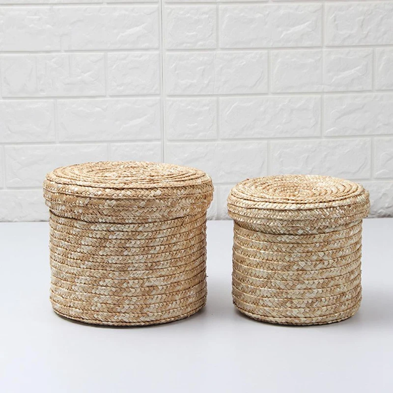 

3 Pcs/Set Handmade Straw Woven Storage Basket With Lid Snack Organizer Storage Box Laundry Baskets Rattan Storage Flower Baske