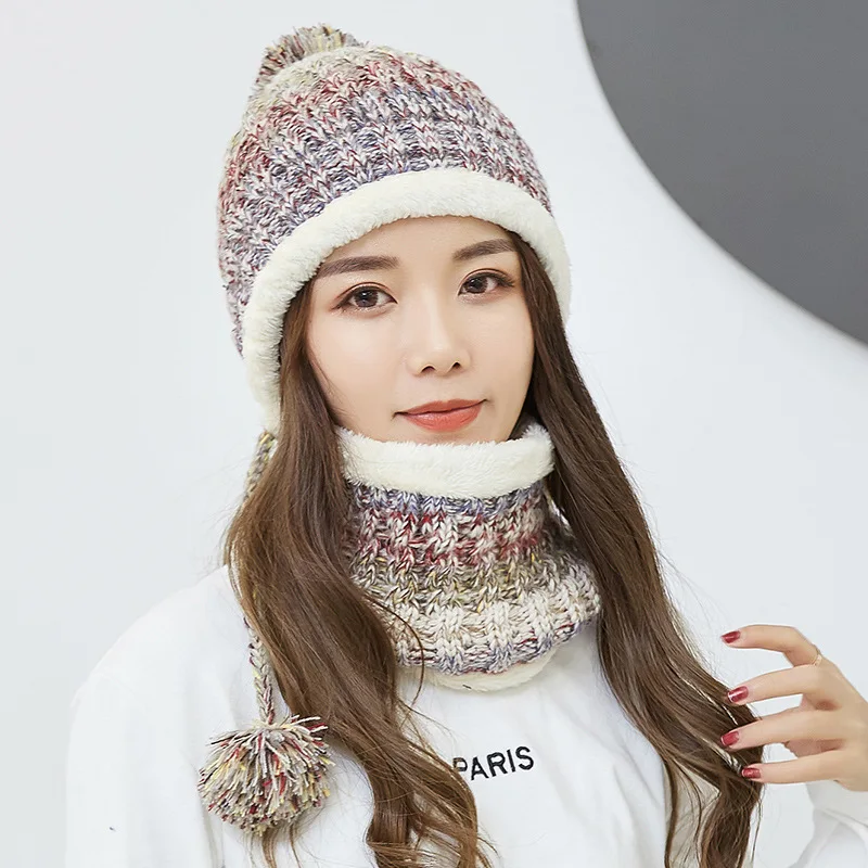 BEIGE Fashion Winter Hat Scarf Set For Women Girl Warm Beanies Cap Lady Ring Scarf Pompoms Winter Hats Knitted Caps Scarf 2 Pieces - Цвет: BEIGE