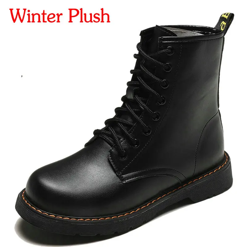 Black Winter Plsuh B HTUUA/повседневные ботинки на шнуровке из искусственной кожи ботильоны для женщин; Цвет Черный; сезон осень-зима; ботинки на толстой платформе с круглым носком женская обувь; SX3275 - Цвет: Black Winter Plsuh B