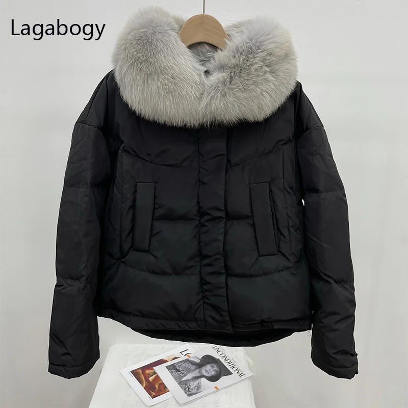 

Lagabogy 2021 Big Real Fox Fur Collar 90% White Duck Down Short Coat Winter Women Loose Warm Puffer Jacket Female Snow Parkas