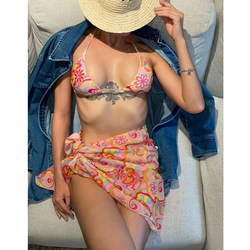 

Комплект бикини JIASHIYU из 3 предметов с принтом, пикантный треугольный купальный костюм со стрингами, короткая юбка с высокой талией, купальни...