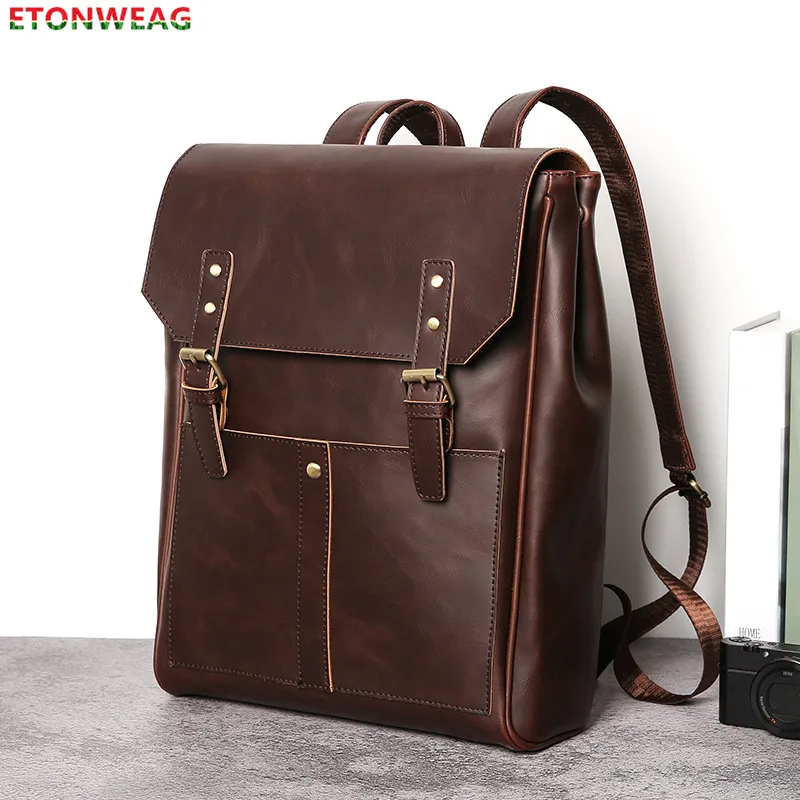 Мужской рюкзак из кожи Крейзи Хорс Черный винтажный для ноутбука школьная