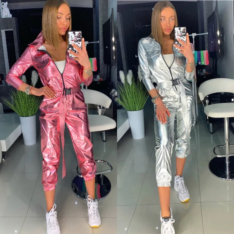 

2Piece Sports Suit Wome Long Laser Top And Pants Spring Autumn Solid Outfits Casual Set Women's Tracksuit Sportswear