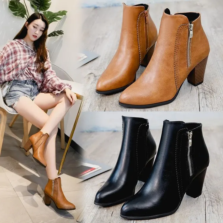 

2020 New autumn and winter retro rubbed color thick heel side zipper short boots women fashion comfortable short boots