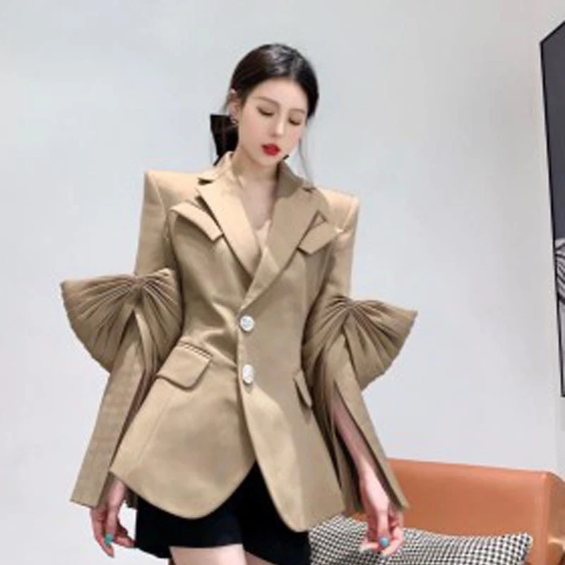 

SISPELL Patchwork Ruched Blazer Coat For Female Lapel Collar Long Sleeve Loose Pure Color Womens Vintage Coat Fashion 2021