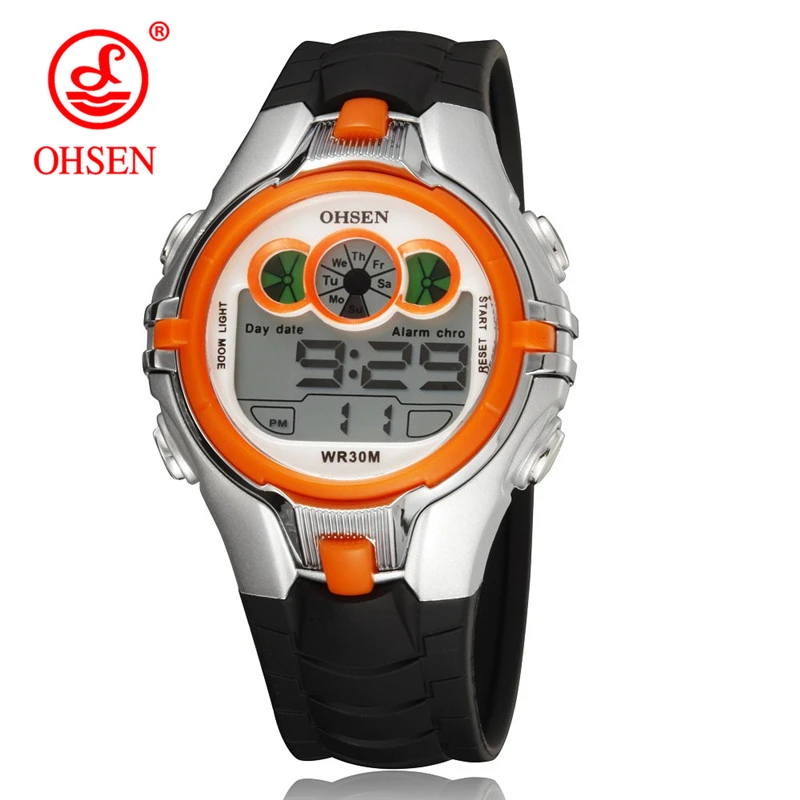 OHSEN Boys Kids Дети Кварцевые спортивные часы Будильник Дата хронографа Светодиодные задние фонари Водонепроницаемые наручные часы Студенческие часы - Цвет: silver orange