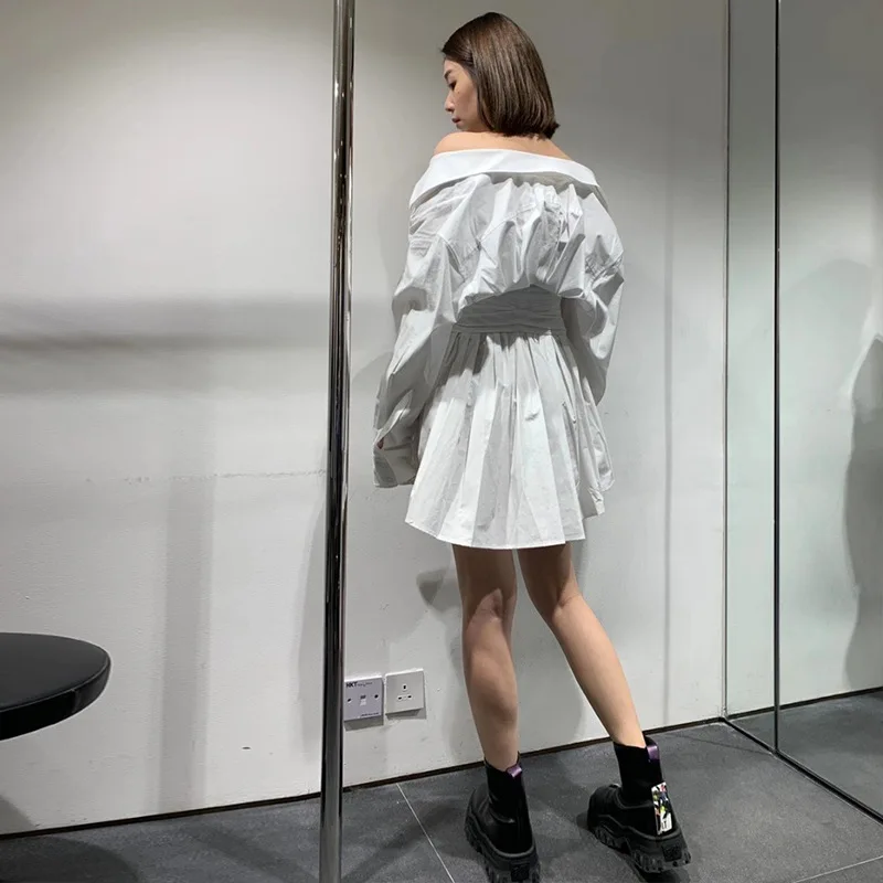 

2021 Spring New Polo Collar Pleated Slim-Fitting High Waist Long Sleeve Stitching Shirt Dress for Women Blouses
