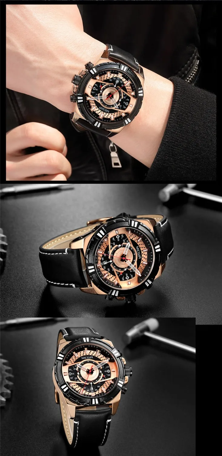 Часы наручные MEGIR мужские с хронографом брендовые Роскошные синие спортивные в