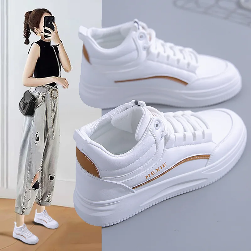 

Модные Повседневные туфли, новинка осень-зима 2022, кожаные туфли для скейтборда с высоким верхом, белые туфли, универсальная Корейская верси...