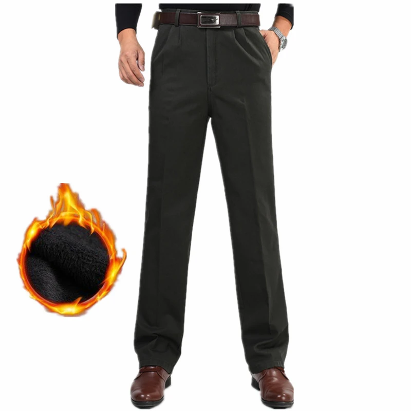 

ICPANS Warm Thick Fleece Winter Dress Trousers Pleated Straight High Waist Cotton Office Suit Pants Plus Size 42 44 46