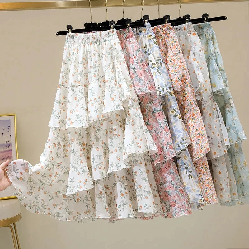 

Fashion Floral Chiffon Skirts Women Summer Irregular Ruffle Skirt Wild Slim A-line Culottes High waist Spring Skirts New Arrival