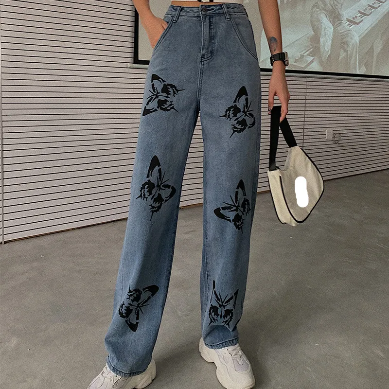 Осенние и летние новые джинсы с бабочками высокая талия Стрейчевые роговыми