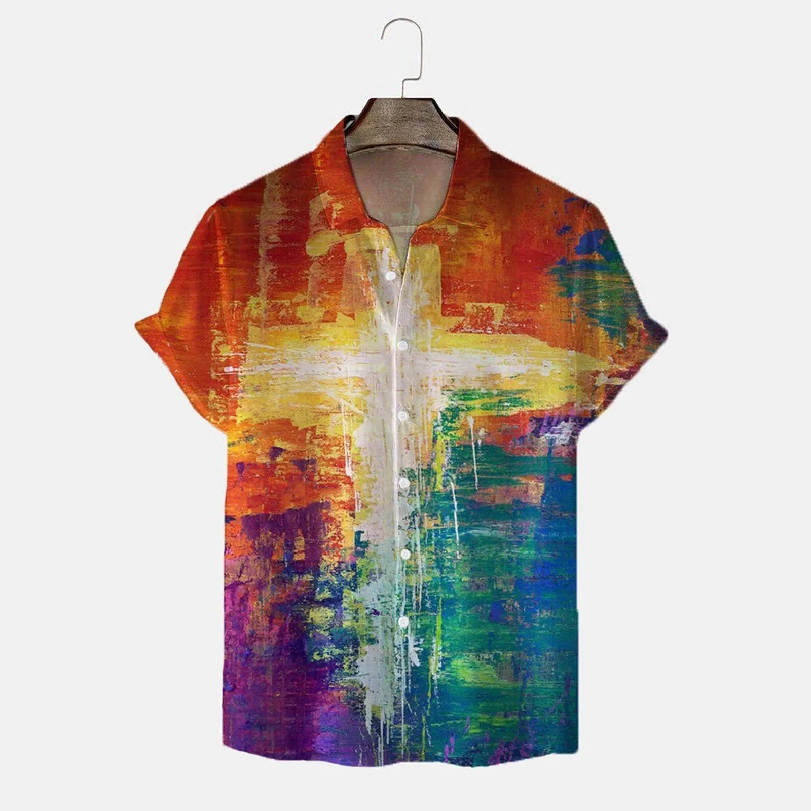 

Мужская летняя рубашка с принтом Tie-dye, проветриваемая и крутая рубашка с воротником-стойкой и короткими рукавами, рубашка для боулинга, руба...