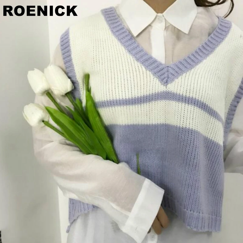 

ROENICK Sweaters Vests Women Striped Patchwork Knitted V-neck Sweater Vest Womens Korean Preppy-style Leisure Stylish All-match