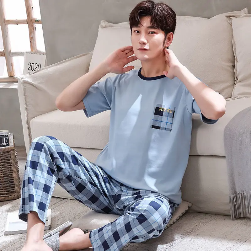 Casual Men Pajamas Set 2022 Short Sleeve Plaid Trousers Homewear Cat Letter Printing Boy Two-Piece Suit Loose O Neck Nightgown