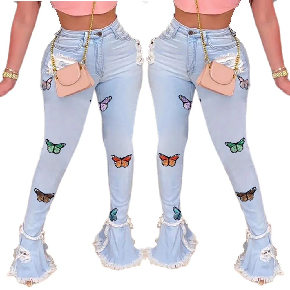 

Women Trousers Jeans High Waist Hand-Worn Ripped Fashion Butterfly Embroidery Ruffles Ladies Flared Jeans Denim Long Pants