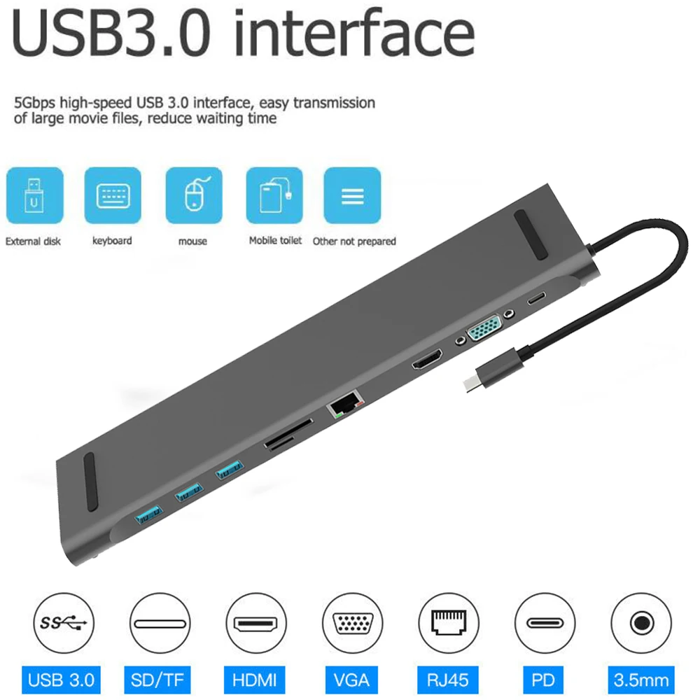 Алюминиевый 10 в 1 концентратор usb type C к USB3.0 TF HDMI VGA RJ45 Мини DP док станция адаптер для