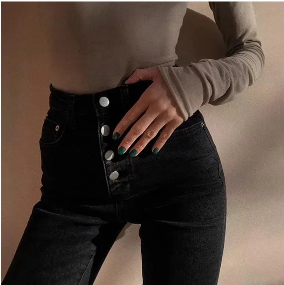 

Blue Jeans Trousers Pancil-Pants Stretch Slim-Hole High-Waist Women Casual DM001