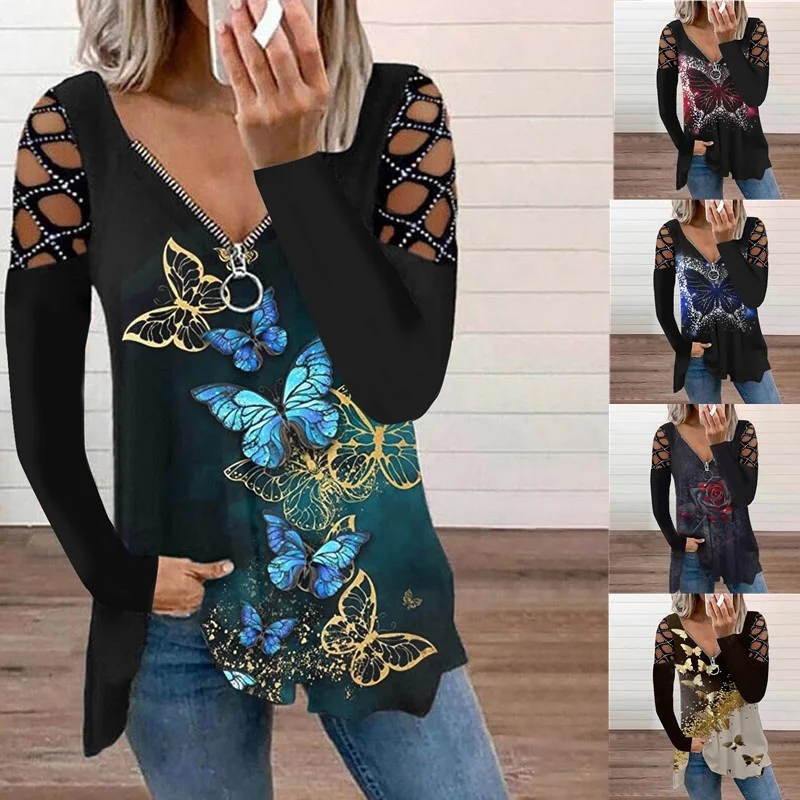

2021 autumn winter new V-neck hot drill hollow out long sleeve shirt women loose T-Shirt Top camisas mujer