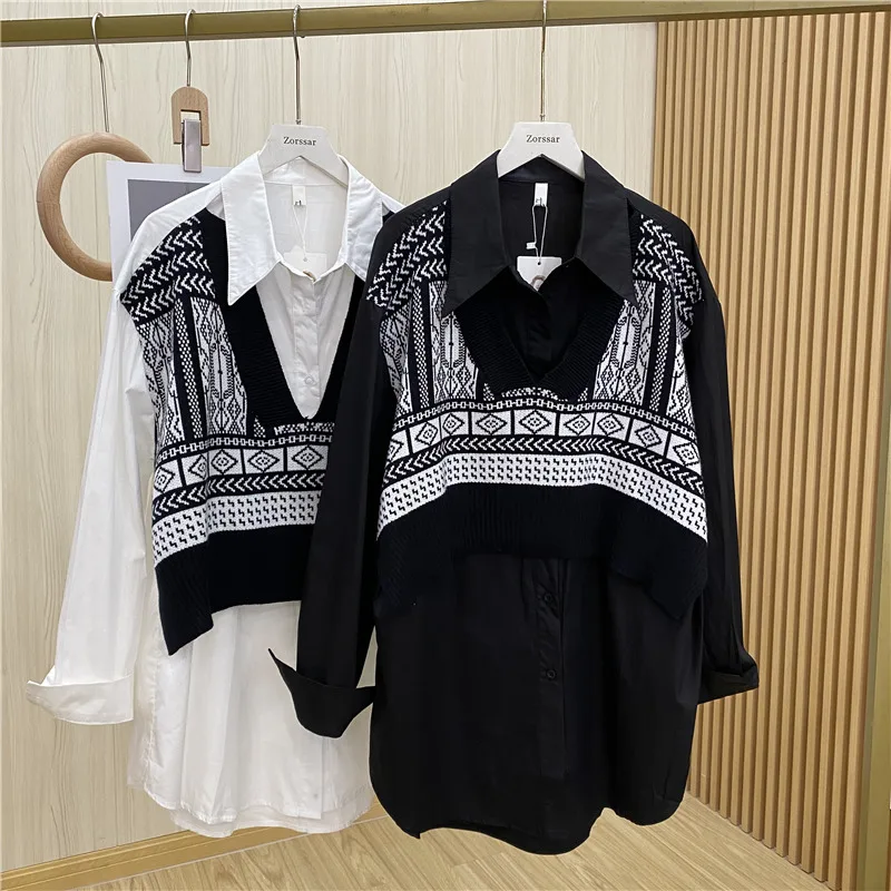 

Retro Knitted Vest Fake Two-Piece Patchwork Mid-Length Shirt Women 2021 Spring New Korean Button Up Femme Long Sleeve Blouse Top